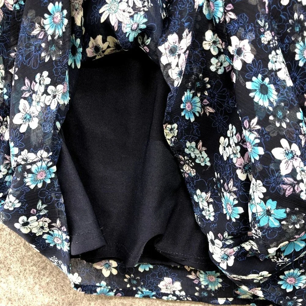 Justice Girls Size 8 Chiffon Blouse Navy Blue Floral Bell‎ Sleeve Sheer Sleeve